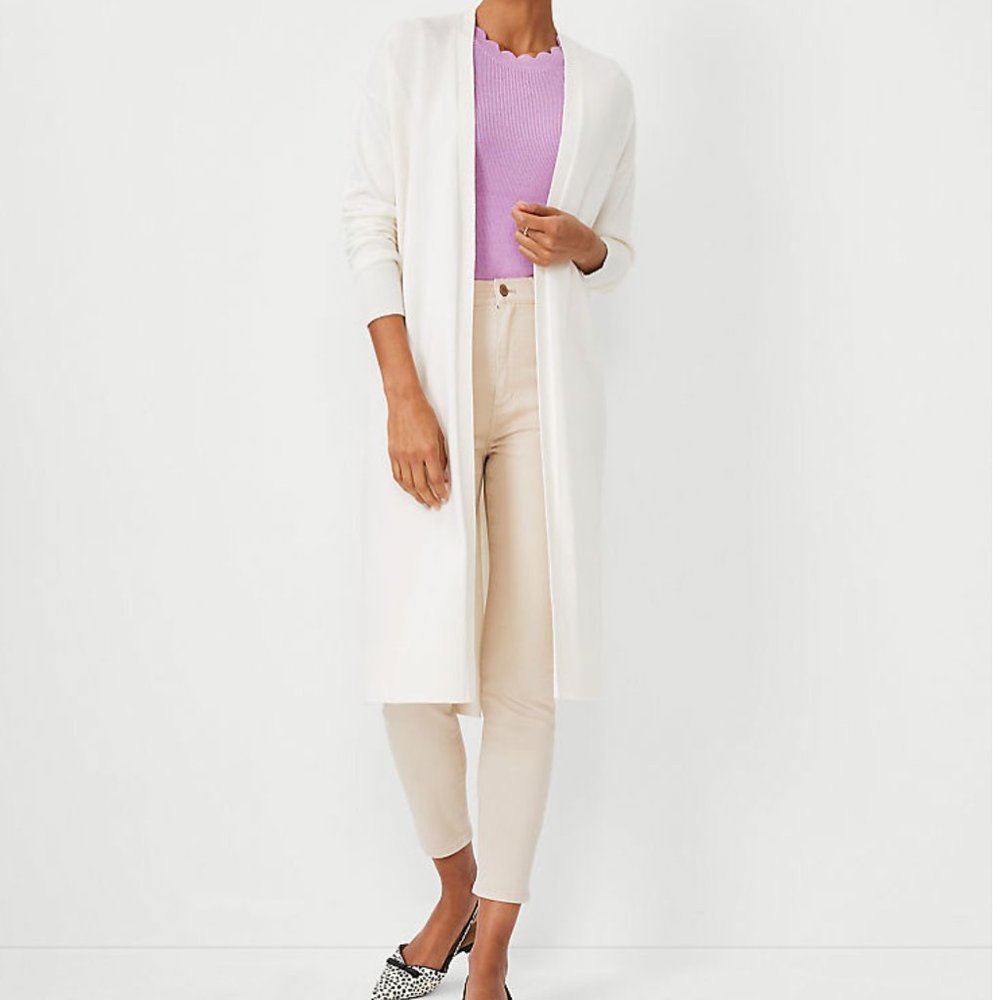 Ann Taylor Open Long Cardigan in Winter White (Off-White) Sz L